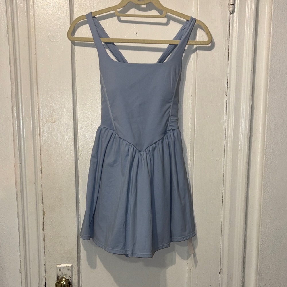 Chic Light Blue Twisted Strap Dress with shorts underneath